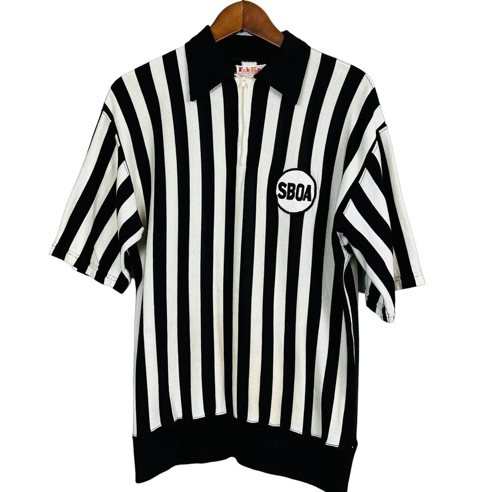 Vintage 80s Fab Knit Referee Jersey SBOA Black White Stripe Sport Streetwear- S